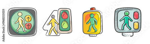 Collection of hand-drawn pedestrian signal lights for crosswalks, showing walking figures.
