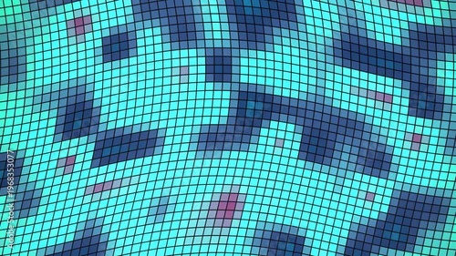 A dense futuristic background made of thousands of softly animated grid cells, blending holographic gradients, liquid light motion, and neon glow. 
