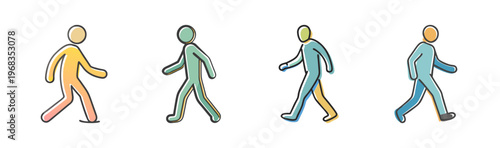 Simple, colorful silhouettes of people walking in various poses and colors.