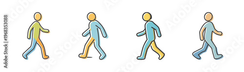 Four simple, colorful figures in motion, illustrating a walking cycle animation.
