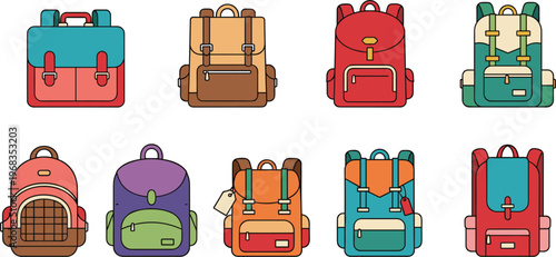 Backpack vector set with colorful school bags travel backpacks and hiking rucksacks collection for education outdoor design isolated on white background