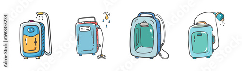 Hand drawn camping shower icons, portable outdoor shower equipment set, blue and yellow travel hygiene gear illustrations, 4 vector svg elements
