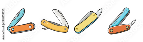 Collection of pocket knives in different open and closed positions, useful for EDC.