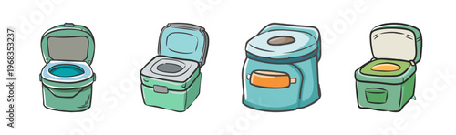 Portable camping toilet collection, 4 hand-drawn outdoor commode icons, green and blue travel sanitation equipment, mobile restroom svg set
