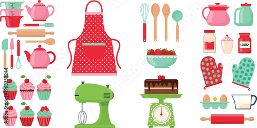 Baking and kitchen tools vector set with mixer cupcakes apron utensils ingredients and cookware collection for cooking design bakery illustration isolated on white