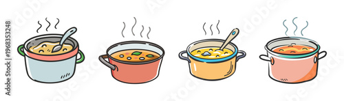 Four steaming pots of soup in various colors, cartoon style illustration