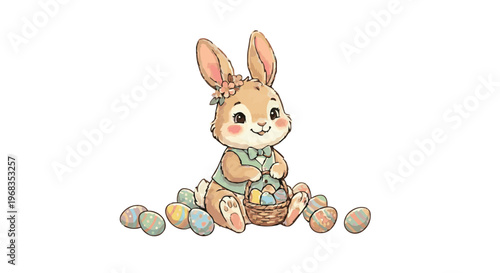 Cute Easter Bunny Character Illustration in Kawaii Style with Pastel Colors