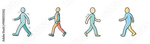 Walking man animation frames in flat line style, set of 4 walking cycle character poses, colorful human figure motion sequence svg