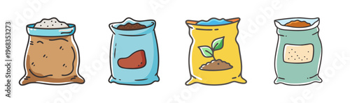Hand drawn garden soil bags set, organic fertilizer and potting mix sacks, 4 colorful garden supply icons, agriculture compost and mulch bags