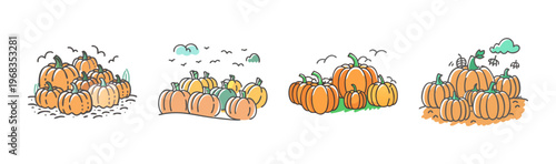 Hand drawn pumpkin patch illustrations, set of 4 autumn harvest SVG icons, orange pumpkin clusters for fall festival and thanksgiving decor