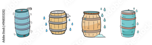 Four cartoon rain barrels for water collection with rain drops and overflow