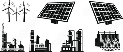 Vector icons of wind turbines, solar panels, hydroelectric dam, and industrial factories representing renewable energy, power generation, and sustainability