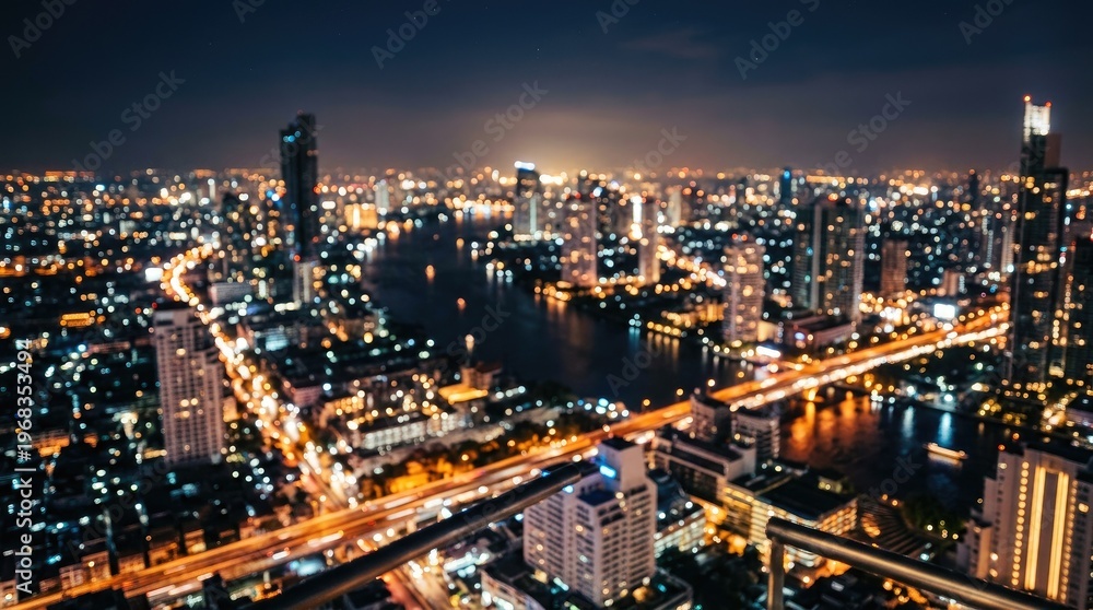 Fototapeta premium Nighttime aerial view of illuminated urban cityscape with highways.