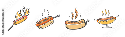 Hot dogs roasting over open flames and on buns, barbecue and outdoor grilling.