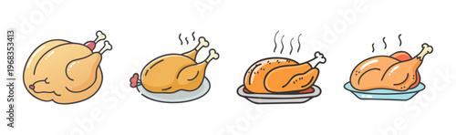 Collection of four cartoon style roasted chickens on plates, ready to serve.
