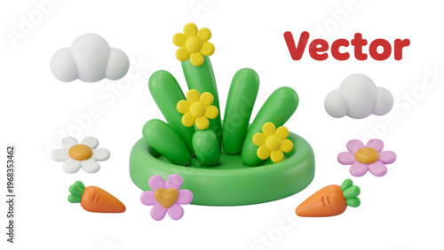 Colorful cartoon mushroom with a smiling face and tiny flowers around it Vector