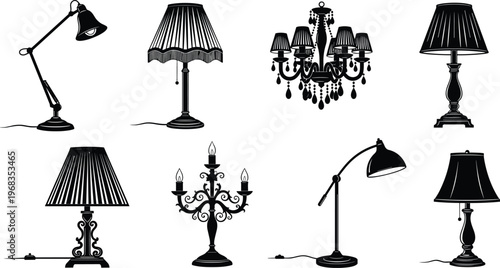Vector silhouettes of diverse lamps and light fixtures including desk lamps, chandeliers, table lamps, candelabra styles, modern and traditional designs