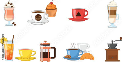 Coffee and tea drinks vector set with cups mugs latte cappuccino french press and beverages collection for cafe menu design isolated on white background