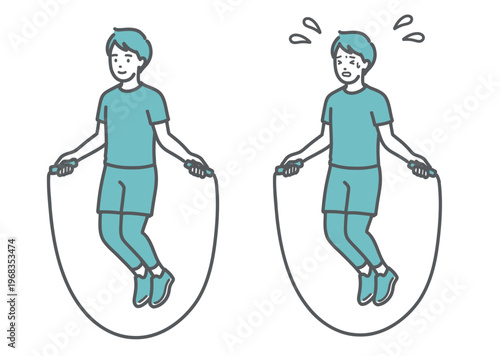 笑顔で縄跳びをする男性と汗だくで苦戦する男性の比較セットイラスト