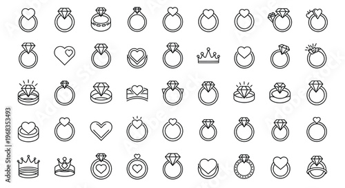 A collection of 36 unique ring designs with various heart and crown symbols in vector illustration format