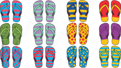 Colorful flip flops vector set with different patterns summer beach sandals collection for vacation fashion design isolated on white background