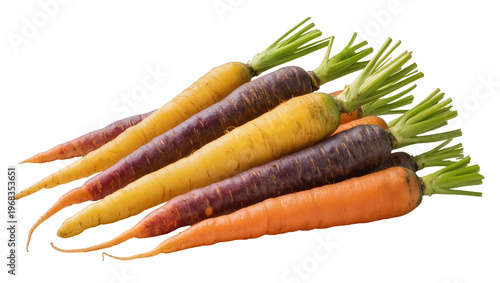 Vibrant assortment of heirloom carrots displaying orange purple and yellow hues showcasing fresh produce, isolated on transparent background for healthy recipes