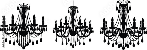 Vector silhouettes of ornate chandeliers with multiple arms, candle lights, crystal drops, bead chains, decorative loops, and elegant lighting design