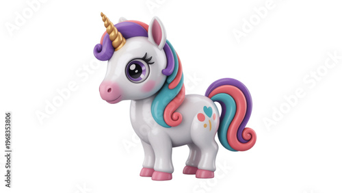 Colorful unicorn with rainbow mane and tail standing gracefully on all fours Vector