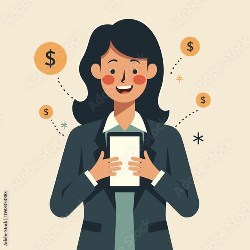 businesswoman holding smartphone with money coins around for finance blogs, investment websites, clipart, stationery design, fintech training and financial literacy, with copy space