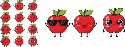 Cute apple cartoon characters vector set with funny expressions and poses kawaii fruit mascot collection for stickers food design and kids illustrations