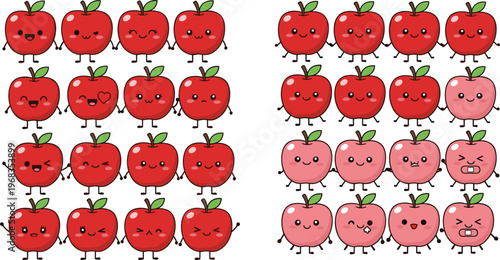 Cute apple cartoon characters set with different emotions and poses kawaii fruit mascot collection vector illustration for stickers emojis and kids design