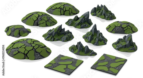 Isometric stylized mountain rocks and mossy hills set, 13 vector game assets, green grass terrain and stone landscape elements for map design isolated PNG with Transparent Background