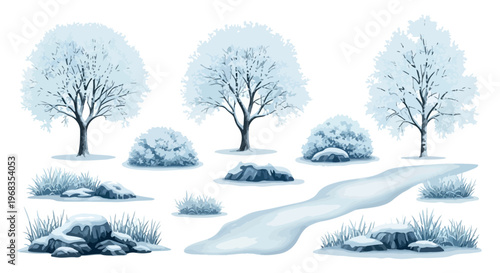 Winter landscape vector elements, snow covered trees and frozen bushes set, icy rocks and snowy path for seasonal nature illustration isolated PNG with Transparent Background
