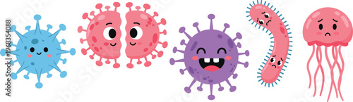 Cute cartoon germs bacteria and viruses vector set with funny characters microbiology collection for medical education science design and kids illustrations
