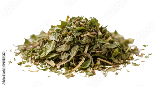 Canvastavla Pile of vibrant green dried mint leaves intricately layered and textured, isolat