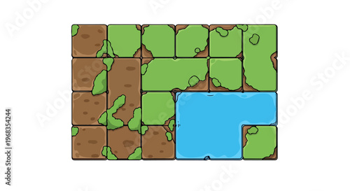 Pixel art game tileset with grass, dirt and water elements, 2D top-down environment map assets, cartoon nature landscape blocks for gaming isolated PNG with Transparent Background