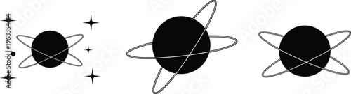 Abstract vector spheres with orbital rings, cosmic stars, atomic and planetary symbols representing science, astronomy, physics, and futuristic design