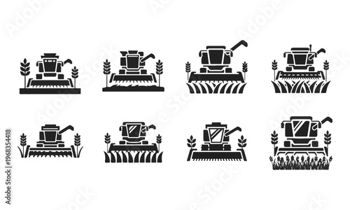 Set of 8 Combine Harvester Icons Harvesting Wheat Fields