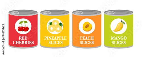 Set of fruits canned goods in flat design vector illustration