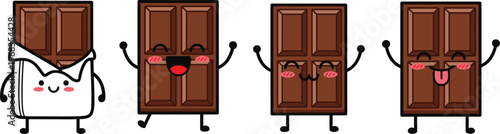 Cute chocolate cartoon characters vector set with funny expressions kawaii sweet dessert collection for stickers food design kids illustrations and playful themes