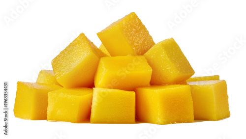 Foto Bright yellow ripe mango chunks meticulously diced into uniform cubes, isolated