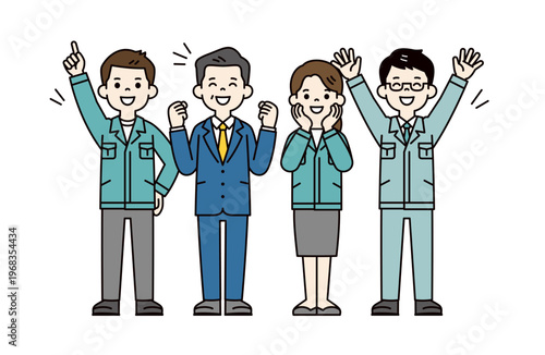 喜ぶ・達成する、嬉しそうな表情・ポーズの工場の従業員・作業員の全身ベクターイラスト素材セット
