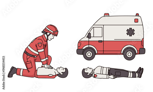 First Aid CPR Illustration with Rescuer Performing Chest Compressions and Ambulance