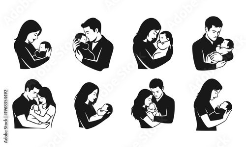 Set of minimalist black and white illustrations of parents holding newborn babies, showing love and family care