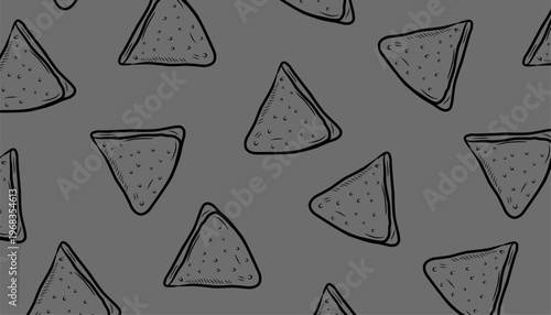 Samosa Pattern Design. Seamless Indian Snack Illustration. Crispy Fried Pastry Motif. Handdrawn Street Food Style.