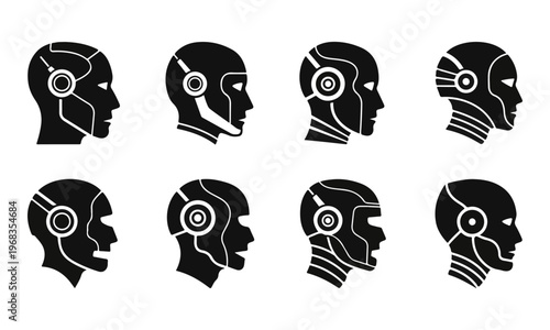 Set of Minimalist Black and White Robot Cyborg Head Icons in Profile Vector