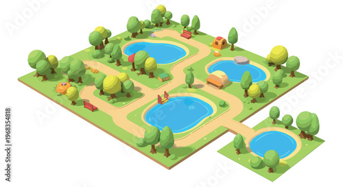 Isometric 3D park landscape with blue ponds and green trees, miniature garden map vector, outdoor recreation area with walking paths and tents isolated PNG with Transparent Background