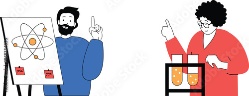 Two scientists collaboratively discussing atomic structure and chemical experiments with enthusiasm and teamwork in a lab setting