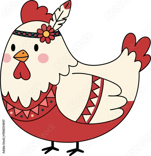 Cartoon Chicken Wearing Red Patterns.