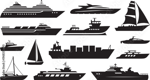 Boat and ship silhouette collection with yacht sailboat cruise liner and marine vessels